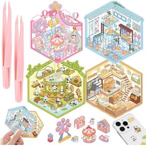4Pcs 3D House Stickers Scene with 2Pcs Tweezers, Sticker Therapy 3D Scenes for Aesthetic Decor, Create Your Miniature World with Cute Cartoon Themes, Stickers Scene for Kids and Adults