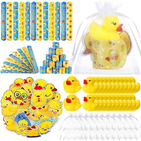 122 Pcs Duck Party Favors 24 Pcs Mini Rubber Duck Slap Bracelets Stickers White Organza Bags Cute Gifts Supplies for Birthday Shower Prizes Decorations