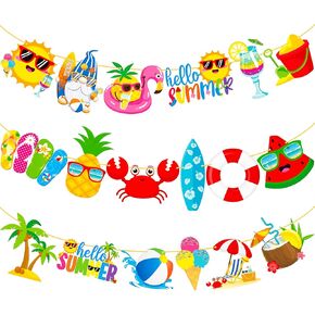 2pcs Summer Beach Pool Party Banners Hello Summer Party Decorations Beach Pool Theme Birthday Banner Decorations for Hawaii Party Baby Shower Supplies