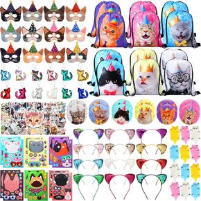 Jenaai 85 Pcs Cat Party Favors Include 12 Drawstring Bags 12 Cat Badge 12 Sequin Keychains 12 Squeeze Toys 12 Stickers 12 Ears Headbands 12 Birthday Masks and Stickers