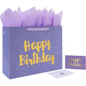 13" Large Purple Happy Birthday Gift Bag Set with Handles, Greeting Card, Lavender Tissue Papers and Stickers for Women Girls Kids, Stars Design, 1 Pcs.