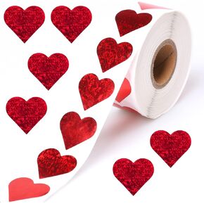 1000 Pcs 1" Holographic Red Heart Stickers Roll, Glitter Tiny Hearts Sticker for Kids, Use for Valentines Day Love Decorations, Award Charts, Scrapbooking Crafts