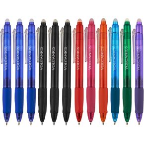 Volcanics Retractable Clicker Erasable Gel Pens - 0.7mm Ball Point, Heat Erase with Built-in Eraser, 12 Pack Assorted Colors