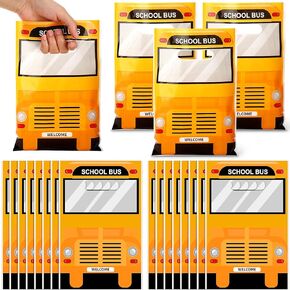 Kosiz 100 Pcs School Bus Goodie Bag Plastic School Bus Gift Snacks Candy Treat Bag with Handles for Birthday Baby Shower Party Favors Supplies