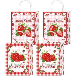 Luvsweets Strawberry Party Favor Bags - 16 Pcs Berry Sweet Gift Bags for Baby Shower Decorations, Pink Bow Goodie Candy Warpping Paper Bag with Handles, Berry First Birthday Decor Supplies for Girls