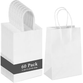 GITMIWS 60 Pack Small White Paper Gift Bags, 5.25x3.25x8.25Inch White Kraft Bags with Handles, Paper Goodie Treat Bag for Small Business, Birthday Party Favors, Retail, Merchandise
