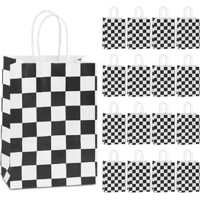 16Pcs Checkered Racing Treat Bags, Race Car Party Favor Bags, Black and White Checkered Gift Bags with Handles, Racing Flag Candy Bags Goodie Bags for Race Car Themed Birthday Party Supplies