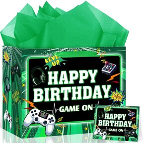 Woosytoo Game Theme Birthday Gift Bags Video Game Birthday Favor Bag with Card and Tissue Paper Green Video Game Gift Wrapping Paper Bag for Boys Girls Kids Game Theme Bday Party Decoration Supplies