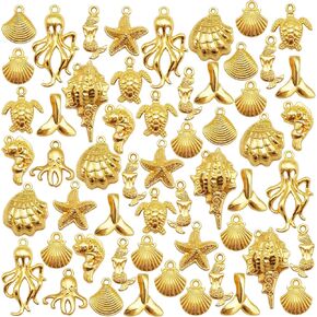 Julie Wang 200PCS Gold Sea Animal Charms Assortment Starfish Shells Bulk Ocean Pendants Mermaid Tail Fish for Summer Beach Jewelry Necklace Bracelet Making DIY Crafts
