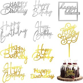 10PCS Happy Birthday Cake Toppers Side Mirror Acrylic Cake Topper Gold Silver Happy Birthday Cake Decorations Cake Inserts Cake Decor Birthday Cupcake Toppers for Birthday Party Cake Desserts Supplies