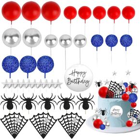 CIEHER 37PCS Spider Birthday Cake Topper - Spider Web Red Blue Black Balls Stars Spider Happy Birthday Topper for Birthday Party