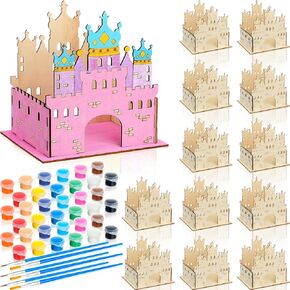 DoubleFill 12 Set DIY Wooden Castle Crafts for Kids Princess Party Favors with Paint Brushes and 12 Colors Acrylic Paint Cardboard Castle for Kids to Color Girls Princess Birthday Party