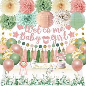 Sage Green Pink Baby Shower Decorations for Girl Baby Shower Decorations Welcome Baby Girl Banner Pink Green Balloons Paper Lanterns Pom Poms Flowers Tablecloth Tassels Mom to Be Sash Dad to Be Pin