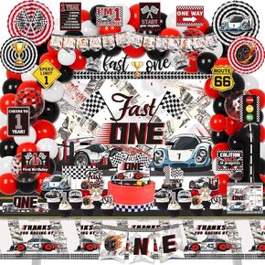 Fast One Birthday Decorations for Boys, 1st Race Car Theme Party Decor Supplies for Baby - Backdrop, Photo Banner, Tablecloth, Fast One Centerpieces, Flags, Fans Pompoms, Wall Signs