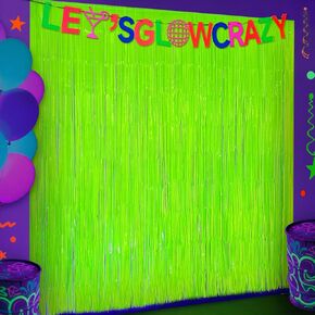 3 Pack Glow in The Dark Party Supplies, Neon Party Decorations Fluorescent Tinsel Curtains with Let's Glow Crazy Banner, Macaron Yellow Photo Booth Prop Backdrop, Neon & Glow Birthday Party Decor