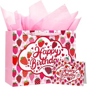 WRAPAHOLIC 13" Strawberry Gift Bags with Tissue Paper and Card - Happy Birthday Bags for Fruit Themed Birthday Party, Girls Kids Teens Women