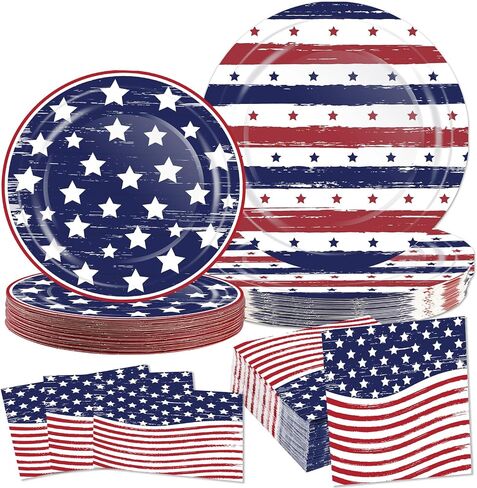 OuMuaMua 75 Pcs American Flag Patriotic Party Plates and Napkins, 4th of July Disposable Tableware Paper Set for Veterans, Election, July 4th Independence Day Party Supplies Decorations, Serves 25 in Saudi Arabia