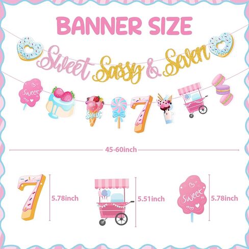 Sweet Sassy And Seven Birthday Banner- Sweet 7th Happy Birthday Banner for Girls, with Donut, Ice Cream, Macaron, Pink Theme Sign, Ice Cream 7 Year Old Party Decoration for 7th Girls in Saudi Arabia
