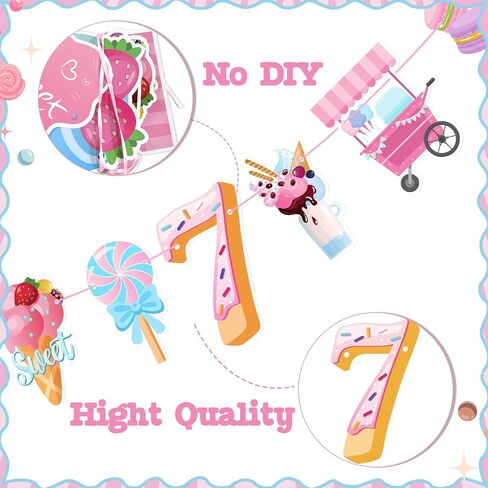 Sweet Sassy And Seven Birthday Banner- Sweet 7th Happy Birthday Banner for Girls, with Donut, Ice Cream, Macaron, Pink Theme Sign, Ice Cream 7 Year Old Party Decoration for 7th Girls in Saudi Arabia