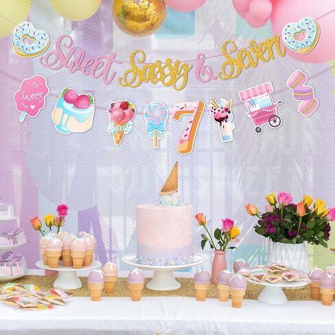 Sweet Sassy And Seven Birthday Banner- Sweet 7th Happy Birthday Banner for Girls, with Donut, Ice Cream, Macaron, Pink Theme Sign, Ice Cream 7 Year Old Party Decoration for 7th Girls in Saudi Arabia