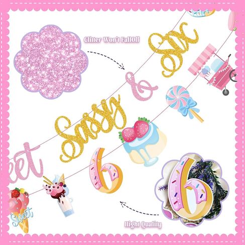 Sweet Sassy And Seven Birthday Banner- Sweet 7th Happy Birthday Banner for Girls, with Donut, Ice Cream, Macaron, Pink Theme Sign, Ice Cream 7 Year Old Party Decoration for 7th Girls in Saudi Arabia