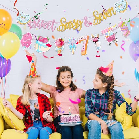 Sweet Sassy And Seven Birthday Banner- Sweet 7th Happy Birthday Banner for Girls, with Donut, Ice Cream, Macaron, Pink Theme Sign, Ice Cream 7 Year Old Party Decoration for 7th Girls in Saudi Arabia