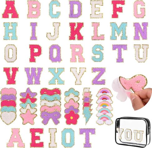 139 PCS CHENILLE LETTER STATES SELFISTIVE لـ DIY ، عصا A-Z على PARSITY LETTER PATCH PATCH BOWKNOT FLOW FLOWNOT FLOWNOT Lightning Heart Alphabet Sticker لالتزامات الظهر على الظهر. in Kuwait