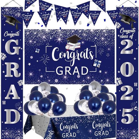 Domila Graduation Decorations 2025, Class of 2025 Blue & Silver Congrats Grad Backdrop, Tablecloth, Banner, Porch Sign & Balloons in Saudi Arabia