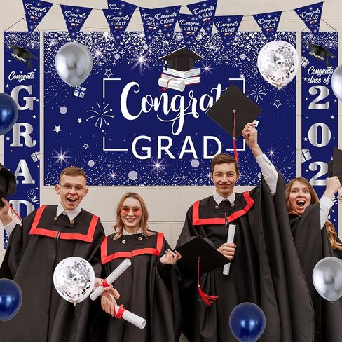 Domila Graduation Decorations 2025, Class of 2025 Blue & Silver Congrats Grad Backdrop, Tablecloth, Banner, Porch Sign & Balloons in Saudi Arabia