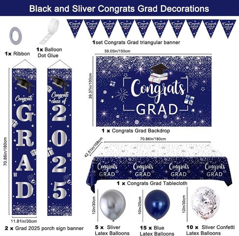 Domila Graduation Decorations 2025, Class of 2025 Blue & Silver Congrats Grad Backdrop, Tablecloth, Banner, Porch Sign & Balloons in Saudi Arabia
