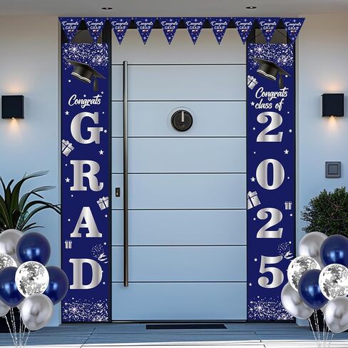 Domila Graduation Decorations 2025, Class of 2025 Blue & Silver Congrats Grad Backdrop, Tablecloth, Banner, Porch Sign & Balloons in Saudi Arabia