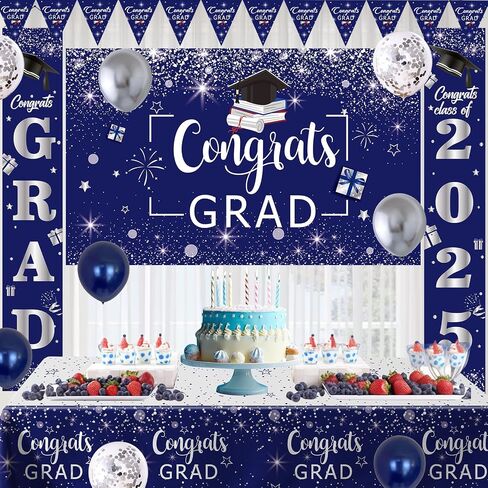 Domila Graduation Decorations 2025, Class of 2025 Blue & Silver Congrats Grad Backdrop, Tablecloth, Banner, Porch Sign & Balloons in Saudi Arabia