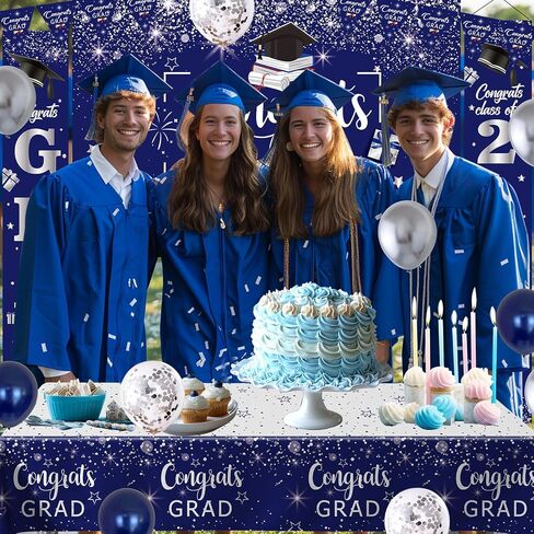 Domila Graduation Decorations 2025, Class of 2025 Blue & Silver Congrats Grad Backdrop, Tablecloth, Banner, Porch Sign & Balloons in Saudi Arabia