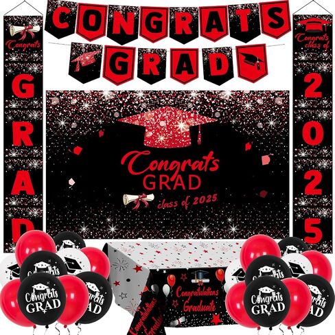 Domila Graduation Decorations 2025, Class of 2025 Blue & Silver Congrats Grad Backdrop, Tablecloth, Banner, Porch Sign & Balloons in Saudi Arabia
