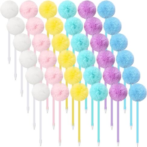Epakh 36 Pcs Pompom Ballpoint Pen Fluffy Ball Cute Kawaii Plush Fuzzy Pen Black Gel Ink Macaron Color Ballpoint Pompom Gift for Office Women Coworkers, 6 Colors in Saudi Arabia