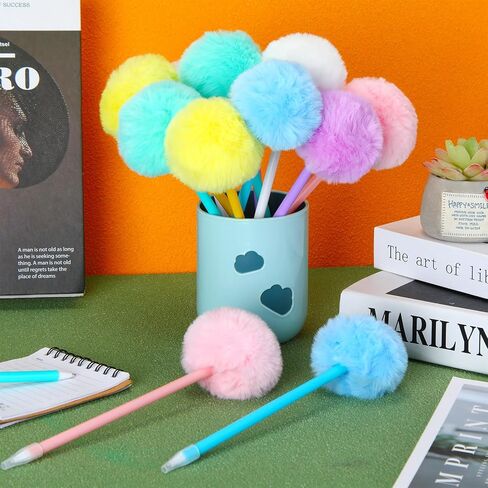 Epakh 36 Pcs Pompom Ballpoint Pen Fluffy Ball Cute Kawaii Plush Fuzzy Pen Black Gel Ink Macaron Color Ballpoint Pompom Gift for Office Women Coworkers, 6 Colors in Saudi Arabia