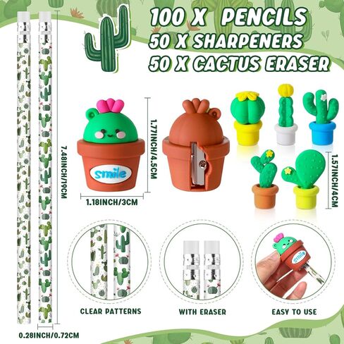 25 Sets Back to School Gifts for Student with 50 Cactus Pencil 25 Potted Cactus Eraser 25 Potted Cactus Pencil Sharpener with Card Bags First Day of School Gifts for School Stationery Supplies in Saudi Arabia