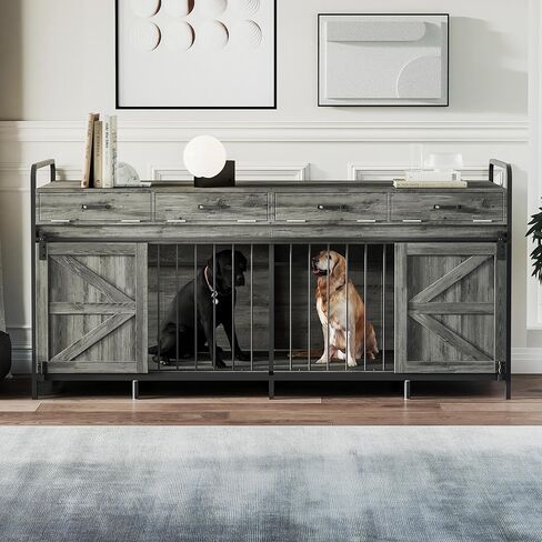 78.8" Double Dog Crate Furniture with Sliding Barn Doors, 4 Storage Spaces, Extra Large Indoor Pet Kennel for 2 Dog, Farmhouse Style Cage(Dark Gray Oak) in Kuwait