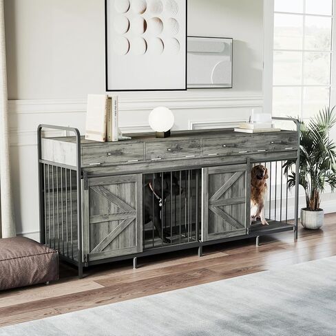 78.8" Double Dog Crate Furniture with Sliding Barn Doors, 4 Storage Spaces, Extra Large Indoor Pet Kennel for 2 Dog, Farmhouse Style Cage(Dark Gray Oak) in Kuwait