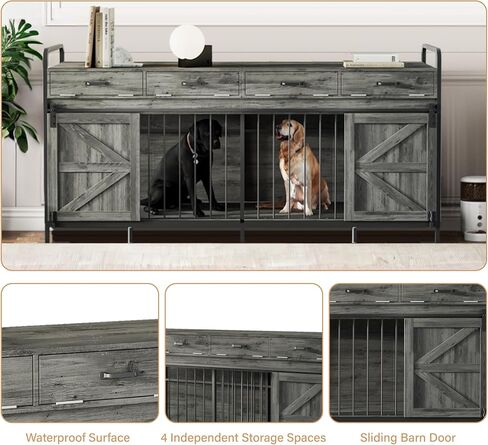 78.8" Double Dog Crate Furniture with Sliding Barn Doors, 4 Storage Spaces, Extra Large Indoor Pet Kennel for 2 Dog, Farmhouse Style Cage(Dark Gray Oak) in Kuwait