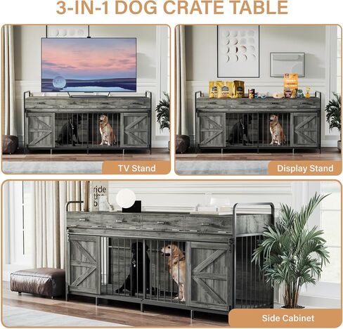 78.8" Double Dog Crate Furniture with Sliding Barn Doors, 4 Storage Spaces, Extra Large Indoor Pet Kennel for 2 Dog, Farmhouse Style Cage(Dark Gray Oak) in Kuwait