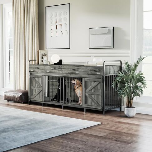 78.8" Double Dog Crate Furniture with Sliding Barn Doors, 4 Storage Spaces, Extra Large Indoor Pet Kennel for 2 Dog, Farmhouse Style Cage(Dark Gray Oak) in Kuwait
