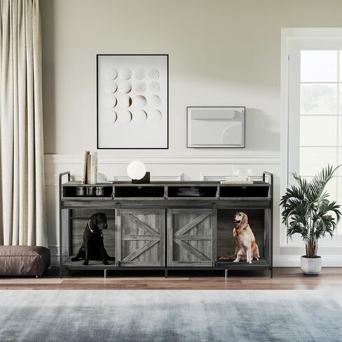 78.8" Double Dog Crate Furniture with Sliding Barn Doors, 4 Storage Spaces, Extra Large Indoor Pet Kennel for 2 Dog, Farmhouse Style Cage(Dark Gray Oak) in Kuwait
