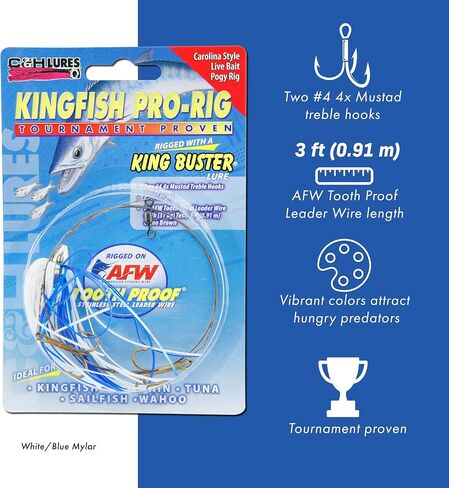 C&H، King Buster Lure، تنورة مايلر بيضاء/زرقاء، رأس 1/8 أونصة / 3.5 جرام، 2.5 بوصة / 6.35 سم، 3 قطع in Kuwait