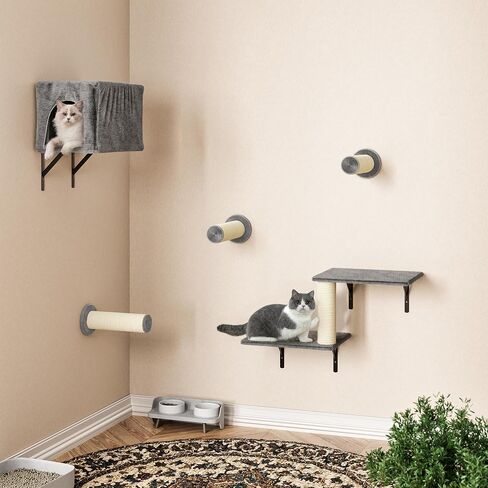 KAMABOKO Cat Wall Furniture, Wall Mounted Cats Climber, 5pcs Cats Wall Shelves, Cat Hammock, Tree, Steps, and Scratcher, Pet Furniture for Indoor - Dark Grey in Saudi Arabia