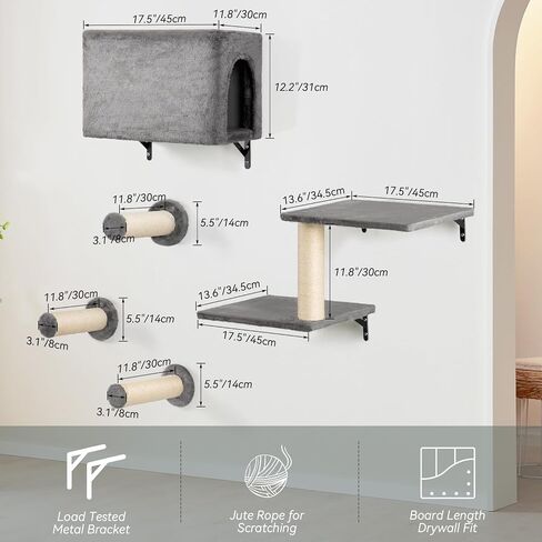 KAMABOKO Cat Wall Furniture, Wall Mounted Cats Climber, 5pcs Cats Wall Shelves, Cat Hammock, Tree, Steps, and Scratcher, Pet Furniture for Indoor - Dark Grey in Saudi Arabia