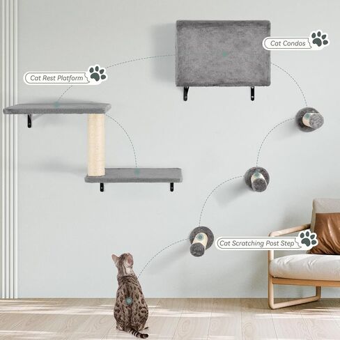 KAMABOKO Cat Wall Furniture, Wall Mounted Cats Climber, 5pcs Cats Wall Shelves, Cat Hammock, Tree, Steps, and Scratcher, Pet Furniture for Indoor - Dark Grey in Saudi Arabia