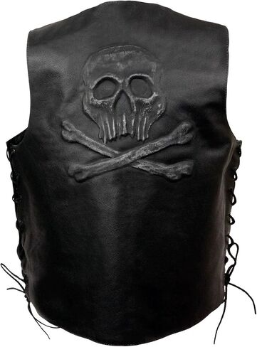 ELM3915 Men's Black Side Lace Motorcycle Leather Vest with Skull and Cross Bones Emboss in Saudi Arabia