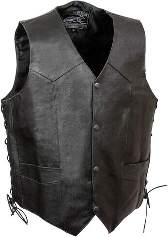 ELM3915 Men's Black Side Lace Motorcycle Leather Vest with Skull and Cross Bones Emboss in Saudi Arabia