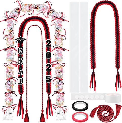 تخرج الشريط LEI فئة 2025 التخرج Leis Kit Grad Handmade Double Lovelace Netclace Honor مع Tassel و Number Patch مجموعة هدية مدرسة التخرج (Red) in Kuwait